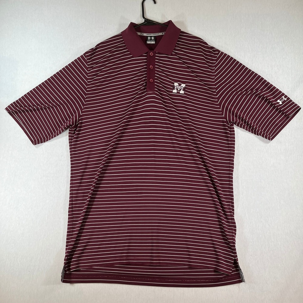 Under Armour Polo Men L Mississippi State Bulldogs Maroon Striped MSU Hail State